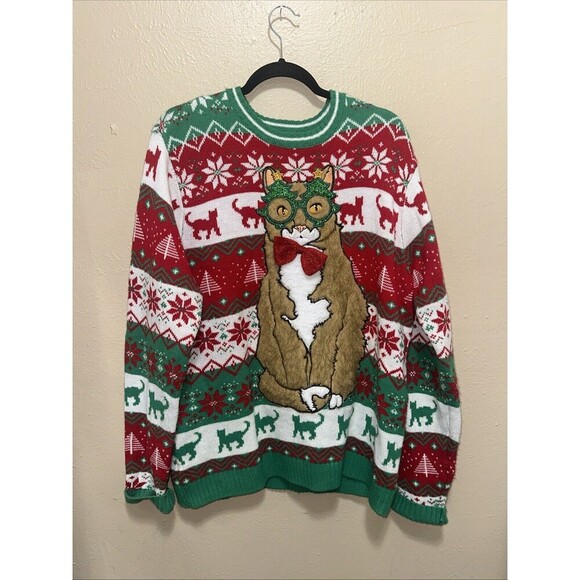 Blizzard Bay XL Ugly Christmas Sweater Cat with Glasses Holiday Novelty Pullover - Picture 1 of 5